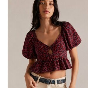 Band of the Free Strawberry Print Puff Sleeve Peplum Top Size Large NWT